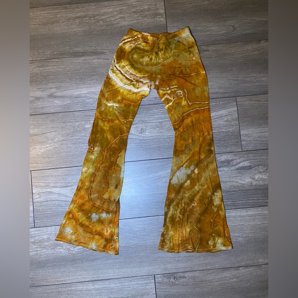 Handmade Pants - VGUC Bamboo Hand Dyed Geode Tie Dye Amber Gold Flare Pants